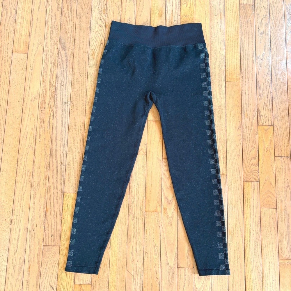 PINK Active Black‎ Metallic Glitter Checkered Seamless High Waist Leggings Large